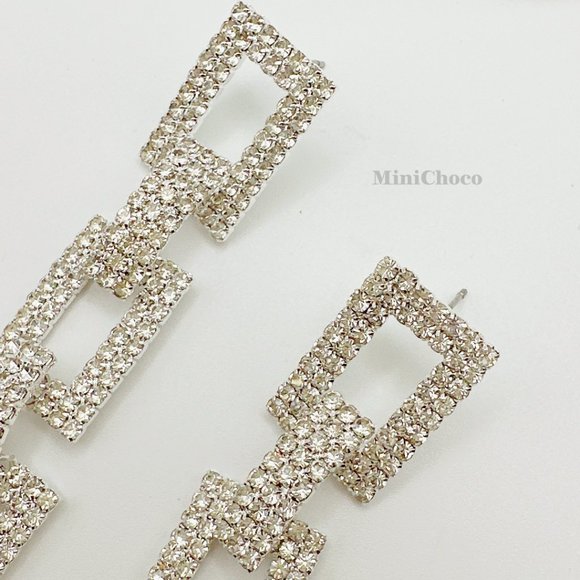 Silver Tone Rhinestone Rectangle Chain Link Earrings - Picture 9 of 10